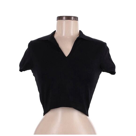 Ralph Lauren Collection Silk Knit Cropped Polo Top M Black Blouse Collared Vneck - Picture 1 of 4